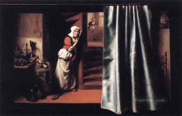 Nicolas Maes Painting - Escuchando a escondidas con una mujer regañona Barroco Nicolaes Maes